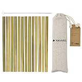 Navaris Pajitas de bambú Reutilizables - Set de 14 cañitas biodegradables para Beber con Cepillo de Limpieza y Bolsa de Lino - Ecológicas y sin BPA